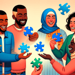 A group of diverse people smiling and passing colorful puzzle pieces to each other, representing a network of referrals.