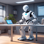 Create an image showing a futuristic yet cozy office space where a humanoid robot janitor with an integrated high-tech display is cleaning. The robot has friendly, approachable features and is holding