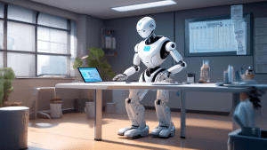 Create an image showing a futuristic yet cozy office space where a humanoid robot janitor with an integrated high-tech display is cleaning. The robot has friendly, approachable features and is holding