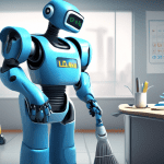 Create an illustration of a futuristic janitor robot with a friendly and intelligent expression, interacting with a calendar marked with the release date for 'Janitor LLM'. The scene should blend high