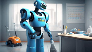 Create an illustration of a futuristic janitor robot with a friendly and intelligent expression, interacting with a calendar marked with the release date for 'Janitor LLM'. The scene should blend high