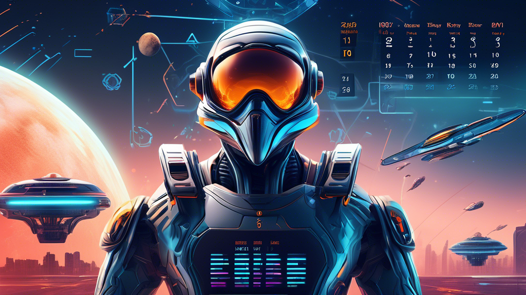 Create an image showing a futuristic calendar marked with the release date of the Falcon LLM, set against a backdrop of advanced technology. Include elements such as hyper-modern spacecraft, artificia