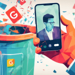 A hand holding a smartphone with a cracked screen, with a transparent Google Business Profile interface overlaid showing a photo being dragged to a trash can icon.