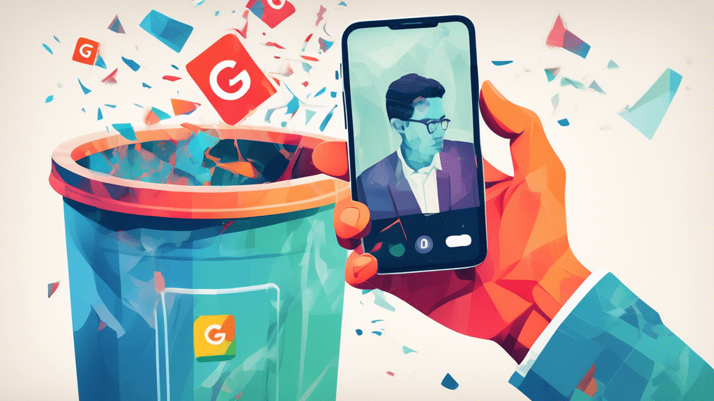 A hand holding a smartphone with a cracked screen, with a transparent Google Business Profile interface overlaid showing a photo being dragged to a trash can icon.