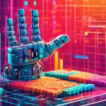 A robotic hand rearranging colorful columns of data on a grid, with the R programming language logo in the background.
