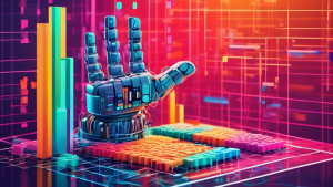 A robotic hand rearranging colorful columns of data on a grid, with the R programming language logo in the background.