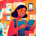 Image prompt: A smiling person holding a smartphone with a colorful, simplified interface displaying various booking options for restaurants, hotels, and events, set against a vibrant, abstract backgr