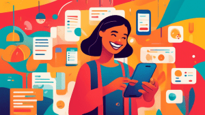 Image prompt: A smiling person holding a smartphone with a colorful, simplified interface displaying various booking options for restaurants, hotels, and events, set against a vibrant, abstract backgr