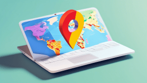 A laptop displaying a Google Business Profile with a map pin hovering over a global icon, representing a business without a physical address.