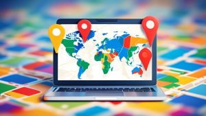 A laptop displaying a Google Business Profile with a map pin hovering over a global icon, representing a location-independent online business.