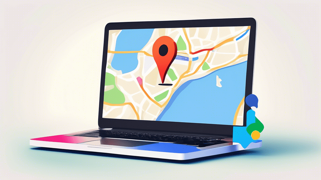 A laptop displaying a Google business profile with a map marker icon floating above it, unconnected to any location on the map.