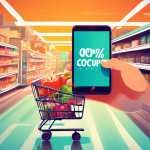 A hand holding a overflowing shopping cart filled with groceries and a smartphone with a checkout coupon code on the screen, with a background of a stylized supermarket aisle.
