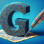 A giant letter G made of code with a quill writing on it.