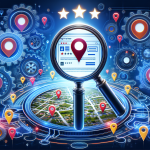 A magnifying glass hovering over a Google My Business listing with location pins, positive reviews, and a five-star rating, all surrounded by gears and tools representing SEO and business growth.