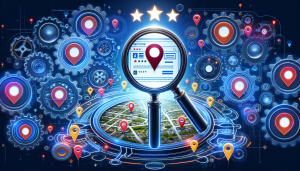 A magnifying glass hovering over a Google My Business listing with location pins, positive reviews, and a five-star rating, all surrounded by gears and tools representing SEO and business growth.