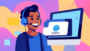 Here is a DALL-E prompt for an image relating to the article title SendGrid Customer Support: Get Help When You Need It:nnA smiling customer support representative wearing a headset, with a speech bub