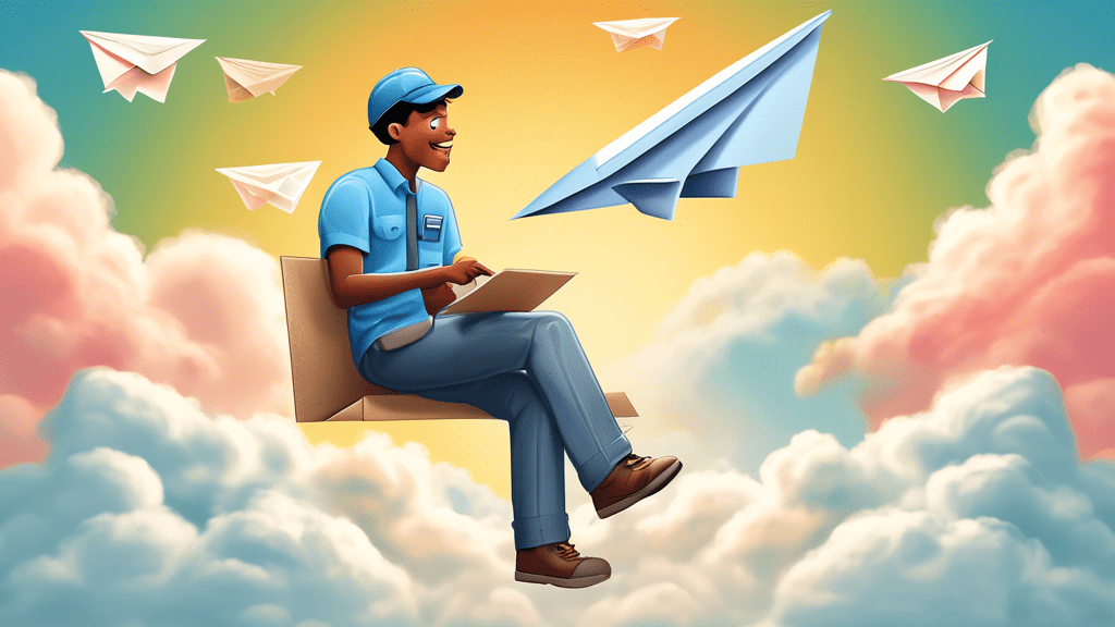 A friendly guide wearing a mail carrier hat explaining how to set up a paper airplane to fly into a digital mailbox floating in the clouds.