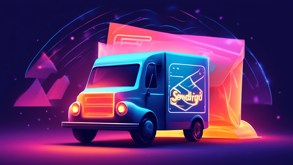 A vintage mail delivery truck driving into a glowing digital envelope with the SendGrid logo on it.
