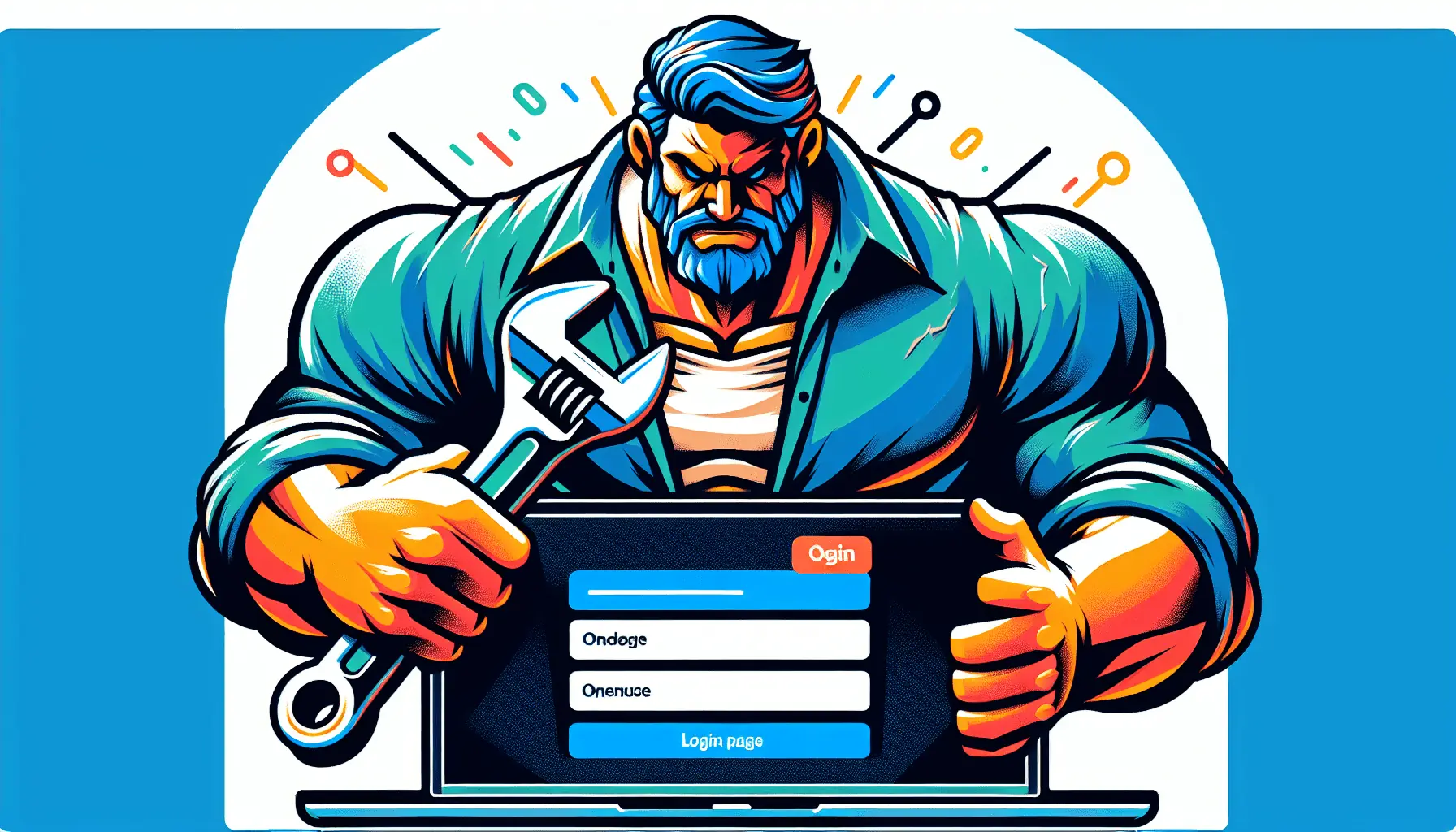A photo of a titan wearing a blue collar and holding a wrench, looking at a laptop screen that shows the ServiceTitan login page.