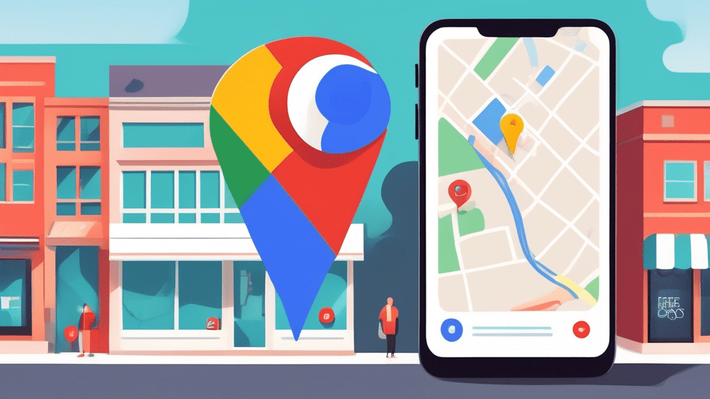 A storefront with a giant Google Maps pin hovering over it and a smartphone displaying a Google Business profile in front.
