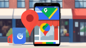 A storefront with a Google Maps pin overlayed on a smartphone screen, with the Google My Business logo in the background.