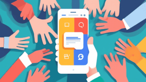 A hand holding a smartphone with a Google My Business profile displayed on the screen, surrounded by other hands reaching out to connect with it.
