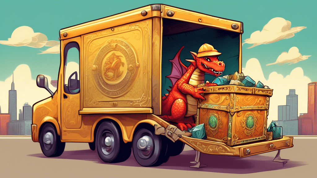 A friendly dragon wearing a postal worker hat carefully placing a large, ornate treasure chest into the back of a delivery truck.