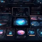 DALL-E Prompt: A futuristic spaceship control panel with holographic displays showing various statistics, resources, and a map of a galaxy, set against a backdrop of stars and distant planets, represe