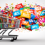 Prompt: A digital illustration of a colorful, eye-catching coupon code with a percentage discount symbol, floating above a shopping cart filled with various products, all set against a clean white bac