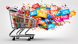 Prompt: A digital illustration of a colorful, eye-catching coupon code with a percentage discount symbol, floating above a shopping cart filled with various products, all set against a clean white bac