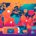 Prompt: A colorful, minimalist illustration showing a smartphone with chat bubbles and a world map in the background, representing simplified global communication through Twilio's address system.