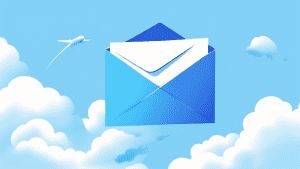 Prompt: A simple, clean illustration of an envelope with the Mailgun logo on it, flying through a blue sky with fluffy white clouds, representing the ease and speed of sending emails using the Mailgun