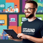 A friendly, smiling customer support representative wearing a SiteGround branded shirt, standing in front of a wall filled with monitors displaying various websites. The representative is holding a ta
