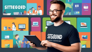 A friendly, smiling customer support representative wearing a SiteGround branded shirt, standing in front of a wall filled with monitors displaying various websites. The representative is holding a ta