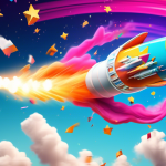 A colorful, dynamic 3D illustration featuring a rocket ship blasting off, leaving behind a trail that forms the shape of a sales funnel. The funnel is filled with dollar signs, representing increased