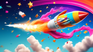 A colorful, dynamic 3D illustration featuring a rocket ship blasting off, leaving behind a trail that forms the shape of a sales funnel. The funnel is filled with dollar signs, representing increased