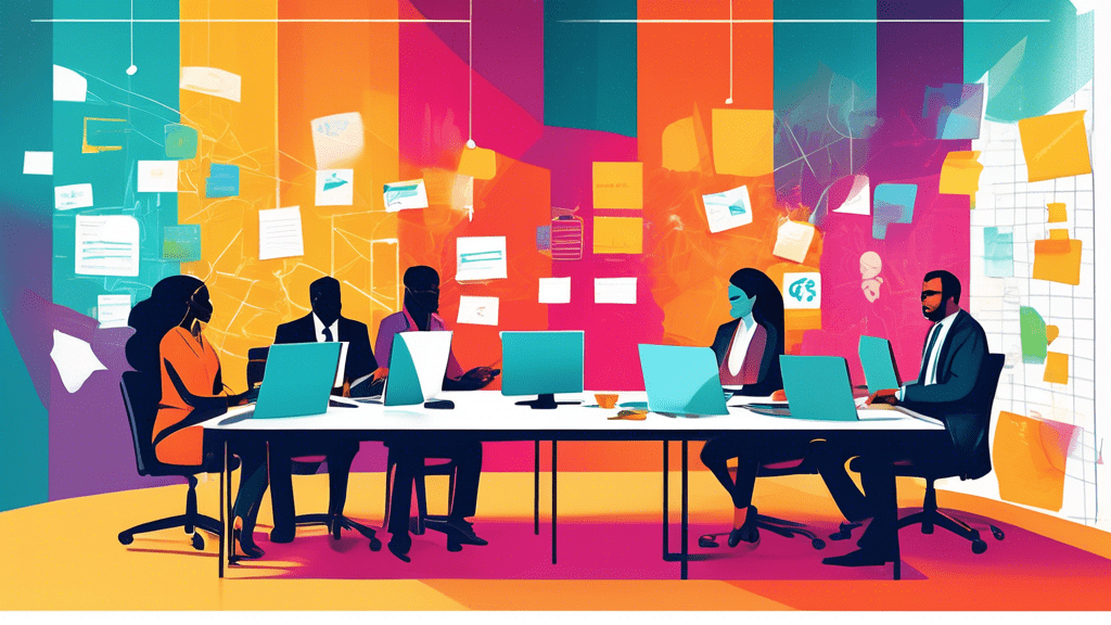 A diverse group of professionals collaborating in a modern office space, surrounded by innovative technology and brainstorming tools. Graphs, charts, and post-it notes cover the walls, representing st