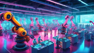 A bustling factory floor with robotic arms assembling complex machinery, overseen by a central AI system displayed on a holographic screen.