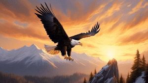 Here is a DALL-E prompt for an image related to the article title Soaring to New Heights:nnA majestic bald eagle with its wings fully extended, soaring high above a scenic mountain landscape at sunris