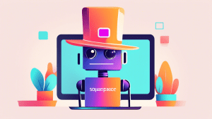 A friendly chatbot wearing a square hat, offering help on a computer screen with the Squarespace logo.