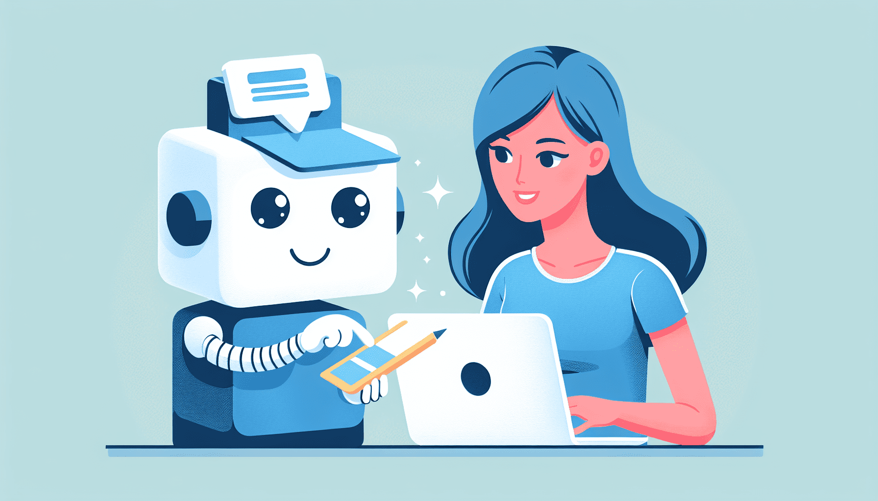 A friendly chatbot wearing a square hat helps a person build a website on a laptop.