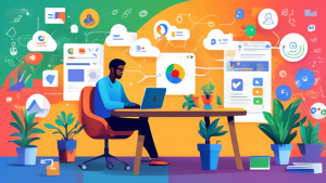 Create an image of a person configuring a Google Business Profile on their laptop, surrounded by icons representing key elements like reviews, location, business hours, photos, and analytics charts. T