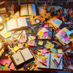 A cluttered desk with open notebooks, scattered index cards, colorful pens, and sticky notes, illuminated by a warm lamp.
