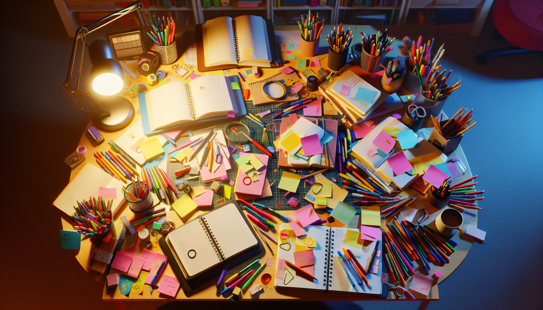 A cluttered desk with open notebooks, scattered index cards, colorful pens, and sticky notes, illuminated by a warm lamp.