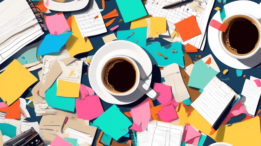 A chaotic desk covered with scattered papers, sticky notes, and open notebooks, with a single coffee mug amidst the mess.