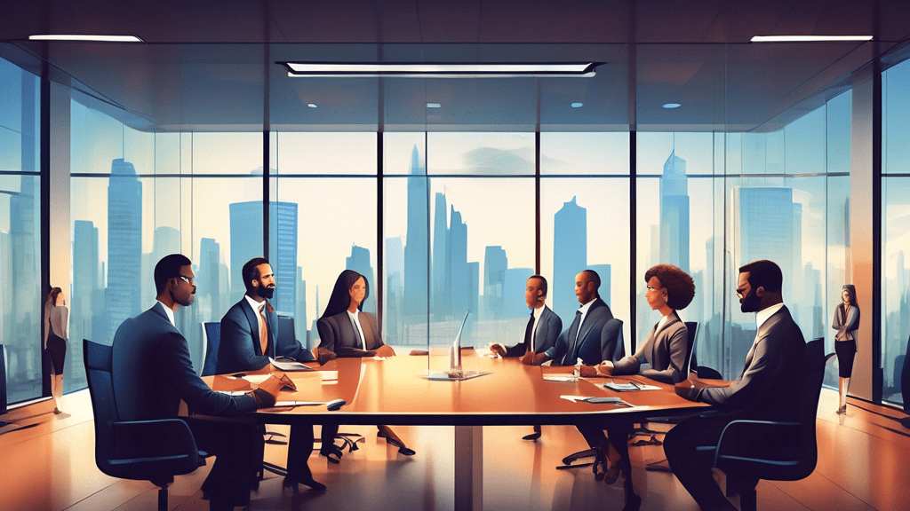 Create a detailed illustration of a business team in a corporate boardroom, brainstorming strategies to achieve market leadership. The scene should include charts, graphs, and financial data on presen
