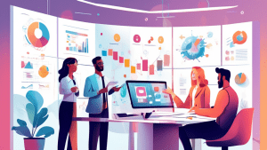 Create an illustration that depicts a business team brainstorming innovative strategies for building customer value. The scene should be set in a modern office with glass walls and a whiteboard filled