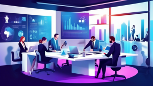 Create an image depicting a business setting where individuals are employing innovative strategies to gain a competitive edge. The scene should feature a modern office with diverse professionals colla