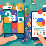 A hand holding a smartphone with the Google Business Profile app open, surrounded by floating icons representing various business tools like scheduling, messaging, and analytics, all against a sleek,