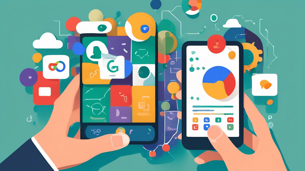 A hand holding a smartphone with the Google Business Profile app open, surrounded by floating icons representing various business tools like scheduling, messaging, and analytics, all against a sleek,
